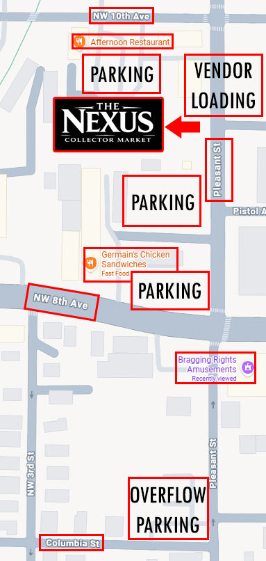 Parking map for The Nexus showing patron parking, vendor loading, and overflow parking